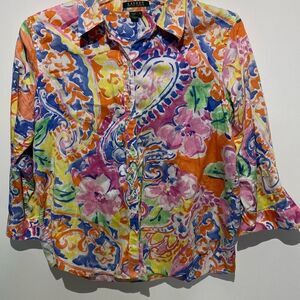 Lauren By Ralph Lauren Women's Multicolor Watercolor Floral Button Up Shirt XL